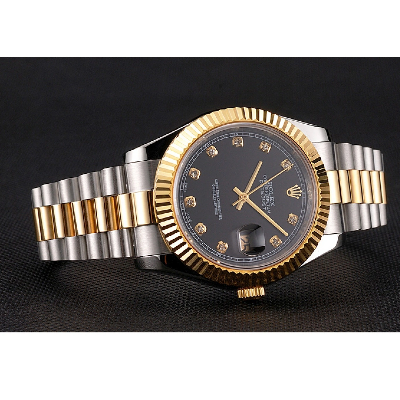 AAA Replica Watches Case Tone Swiss Gold Dial Bezel Two Bracelet Datejust Black Rolex Steel Stainless 1029